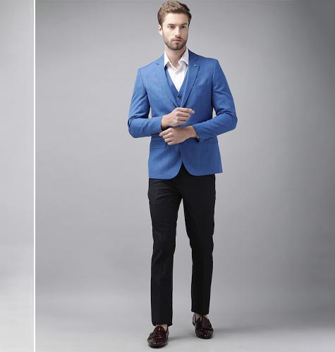 Men Blue & Navy-Blue Solid Tailored Fit 3-Piece Formal Suit